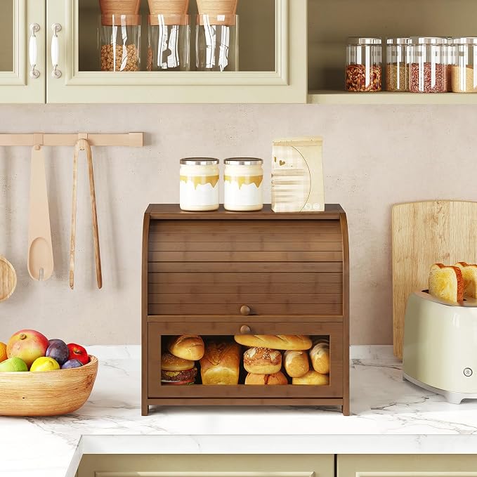 HOOBRO Bread Box, Bamboo Bread Box for Kitchen Countertop, 2 Tier Roll-Top Bread Bin, Food Storage Box, Large Capacity Keeper, Wooden Storage Cabinet, for Kitchen, Dining Room, Brown BR13MB01 - Image 3