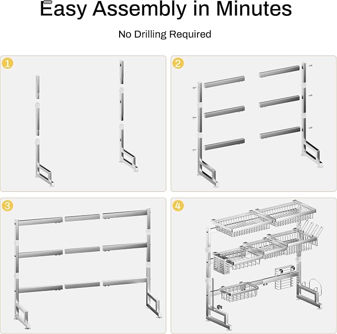 ADBIU Luxurious 304 Stainless Steel Over Sink Dish Drying Rack (Suitable for Sink Length 26.3"- 37.4") Snap-On Design 2 Tier Large Kitchen Dish Rack Stainless Steel Counter Organization and Storage - Image 4