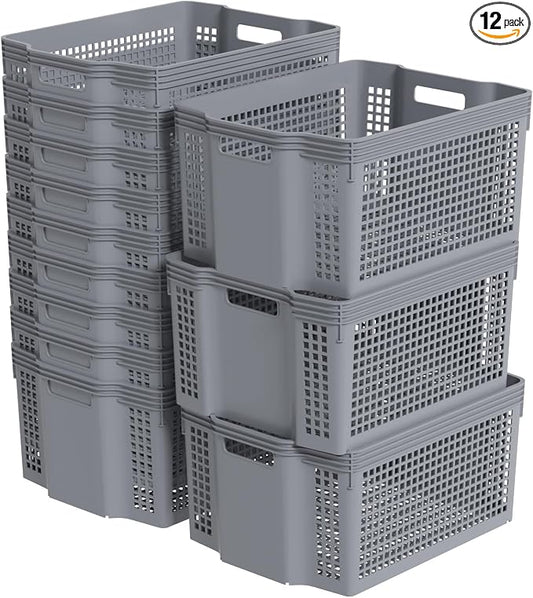 12-Pack Plastic Weave Storage Baskets, Large Stackable Bins | Grey Pantry Organizer Baskets for Kitchen Cabinets, Bathroom, Bedroom; Durable, Ventilated, Easy-Grab Design by Yesdate