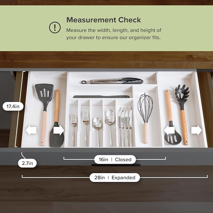 Silverware & Utensil Drawer Organizer, 16-28 in, White Bamboo | Cutlery, flatware, food-safe contract grade, kitchen drawer fit - Image 7