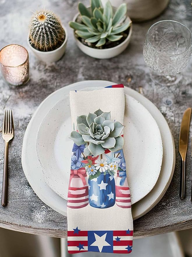 Poppy Flower Patriotic Flag Cloth Napkins Set of 8 - Washable Dinner Napkins Reusable Table Napkins for Home Party Weeding Dining Table Setting Decoration, Independence Day Red Blue Oversized 20"x20" - Image 3