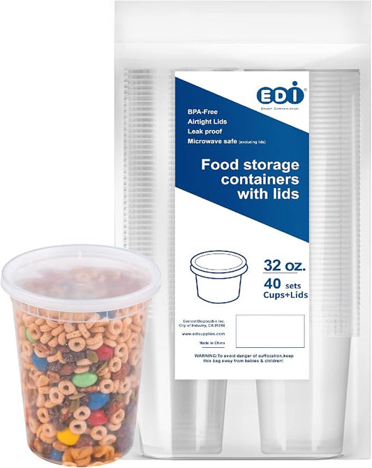 [32 OZ, 40 Sets] Plastic Deli Food Storage Containers with Airtight Lids | Microwave-, Freezer-, Dishwasher-Safe | BPA Free | Heavy-Duty | Meal Prep | Leakproof | Recyclable by EDI