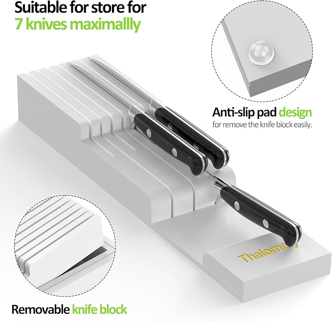 Bamboo Kitchen Drawer Organizer, Expandable Silverware Organizer with Removable Knife Block, 6-8 Slots- Utensil Holder & Cutlery Tray Drawer Dividers, 2.36" Deep for Extra Capacity, White - Image 8