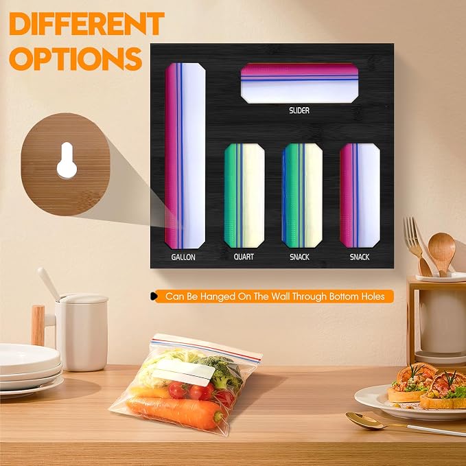 Bamboo Ziplock Bag Storage Organizer for Drawer -Black, 5 in 1 Baggie Organizer with 24 Labels - Fits Gallon, Quart, Sandwich & Snack Bags - Wall Mountable Kitchen Drawer Organizer - Image 5