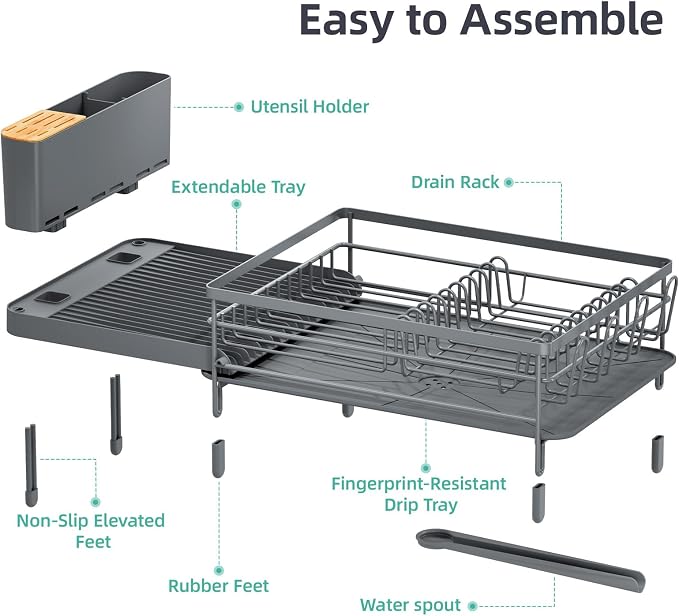 Urackify Extendable Dish Drying Rack, 18.5"-26.7" L x 12.7" W, Gray | Multifunctional large dish rack with cup holder and built-in cutlery holder for versatile drying needs - Image 7