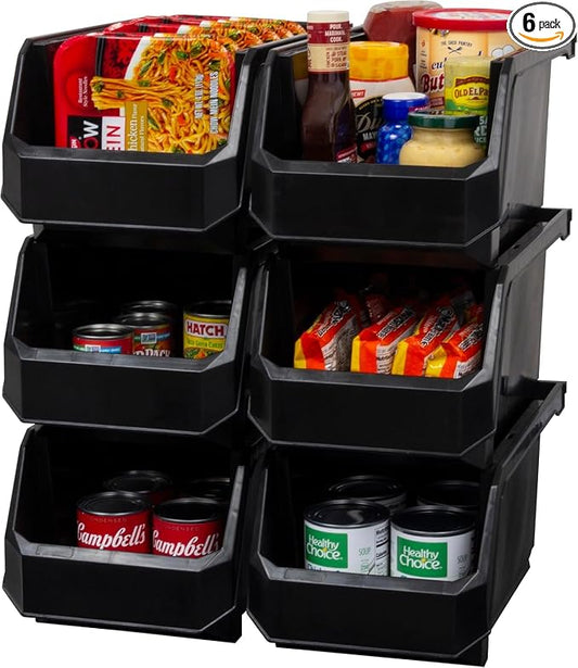 Akro-Mils ReadySpace Large Stackable Plastic Storage Bins, 6-Pack, Black | Open-Front Stackable Bins For Garage, Pantry, Closet & Office, 14,8"L X 8"W X 7"H, Nests When Empty, Durable Plastic, by Akro-Mils