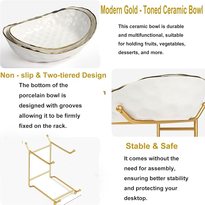 Ceramic Fruit Bowl,2-Tier Countertop Fruit Basket with Metal Stand,Space Saving Modern Tiered Fruit & Snack Stand for Kitchen, Party, Desserts, Nuts and Cake(Gold, 2 Tier) - Image 3