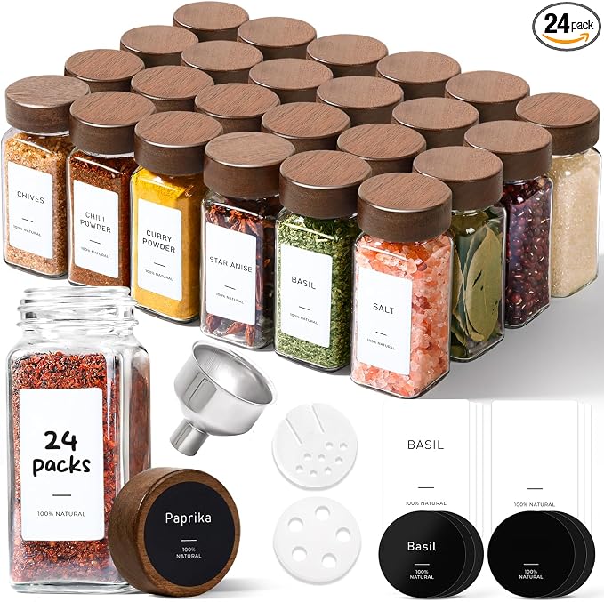 ComSaf Glass Spice Storage Jars with Acacia Wood Lids & Labels 4Oz 24Pack | Seasoning Container for Cooks, Herbs Pepper Salt Cinnamon Paprika, Spice Rack & Drawer, Canister with Shaker Insert & Funnel by ComSaf