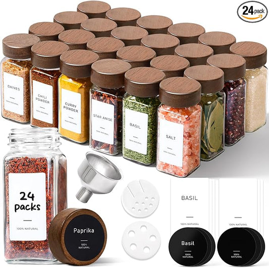 ComSaf Glass Spice Storage Jars with Acacia Wood Lids & Labels 4Oz 24Pack | Seasoning Container for Cooks, Herbs Pepper Salt Cinnamon Paprika, Spice Rack & Drawer, Canister with Shaker Insert & Funnel by ComSaf