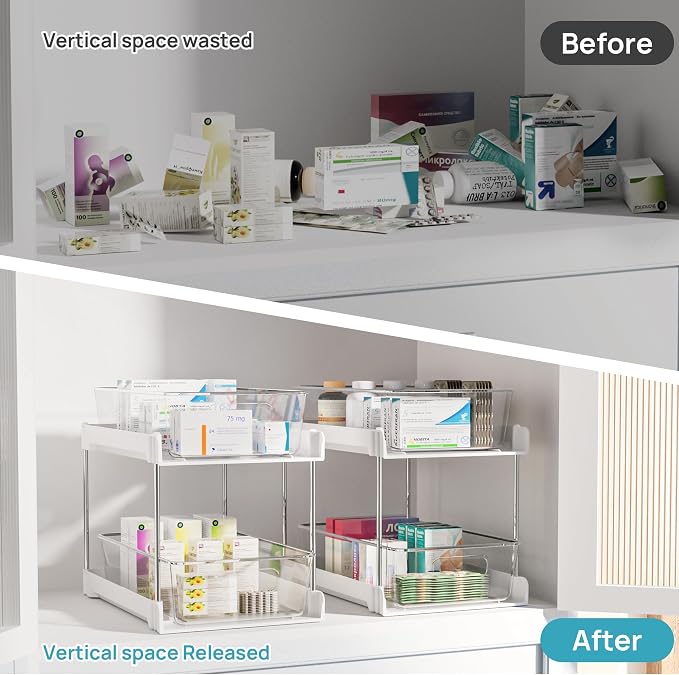 Vtopmart 2 Pack Pull Out Bathroom Under Sink Organizer (S-Standard, White) | Slide-out drawers, Multi-purpose storage, Clear visibility, Easy Set-up - Image 5