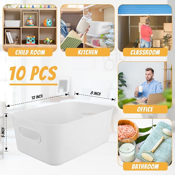 Zopeal Plastic Storage Bins 10 Pcs White Pantry Organizer Bins Small Baskets Storage Containers for Home Kitchen (12 x 8 x 5 Inches) - Image 2