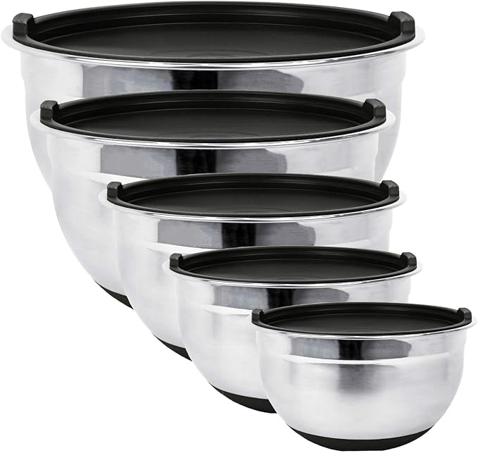 Stainless Steel Mixing Bowls with Lids and Non Slip Bases (Set of 5, Black) by Fitzroy+and+Fox