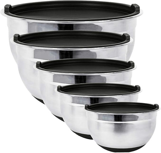 Stainless Steel Mixing Bowls with Lids and Non Slip Bases (Set of 5, Black) by Fitzroy+and+Fox