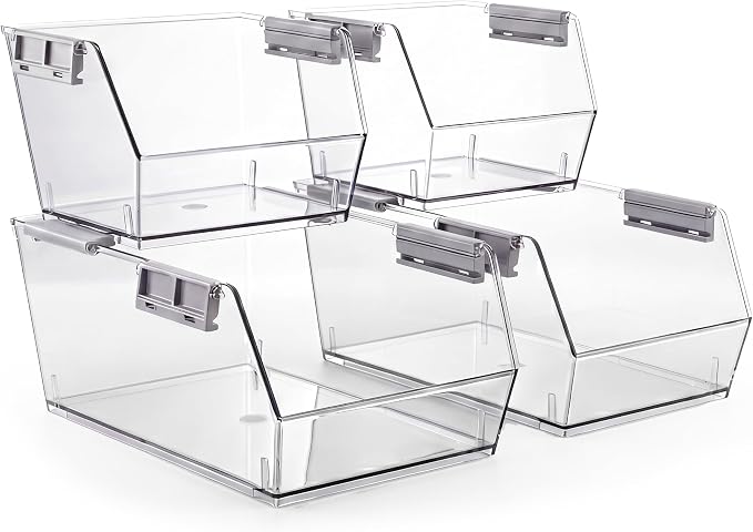 HOMESTEAD Set of 4 Stackable Storage Bins, 2 Large + 2 Small Clear Plastic Organizer Bins, Open Front Design for Kitchen Pantry, Fridge, Cabinet, Bathroom Organization and Snack Storage by Homestead