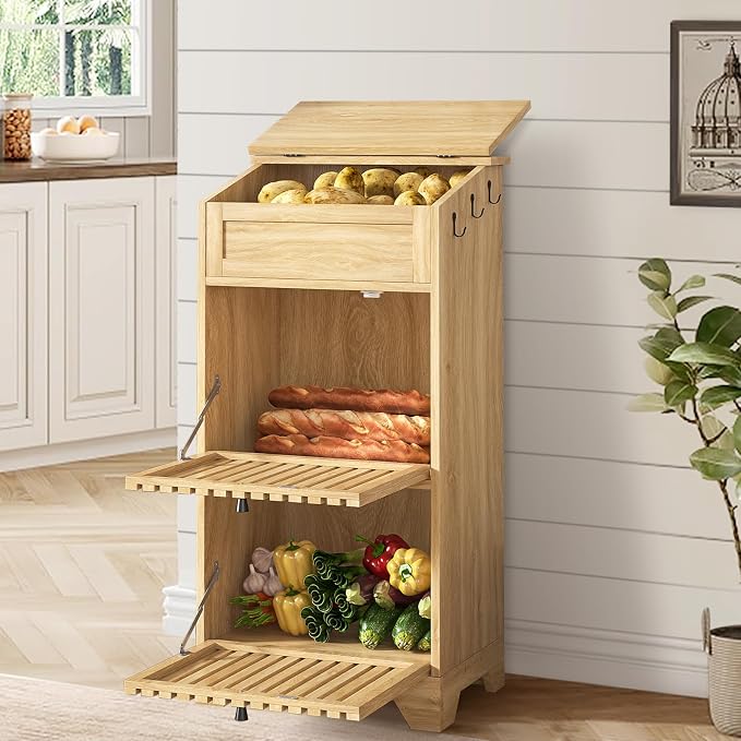 Potato Storage Bins, Fruit and Vegetable Storage, Kitchen Pantry Cabinet | Potato and Onion Storage Bins, Mid Century Modern, Wooden, for Homemade Bread, Snack, Magnetic Flip top, 3 Tier, Natural - Image 3