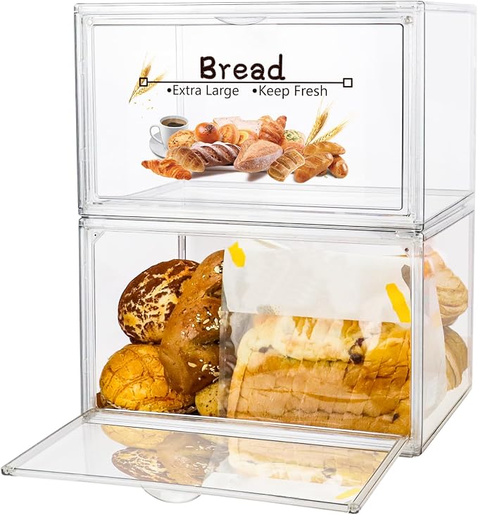 RISICULIS 2PCS Large Bread Box for Countertop, Stackable Double Layer Storage Container, Clear Boxes for Kitchen Counter, Bread Keeper for Homemade Bagel, Muffins, Rolls | Large Capacity Stackable Double Layer, Clear Boxes for Kitchen Counter, Bread Ke... by RISICULIS