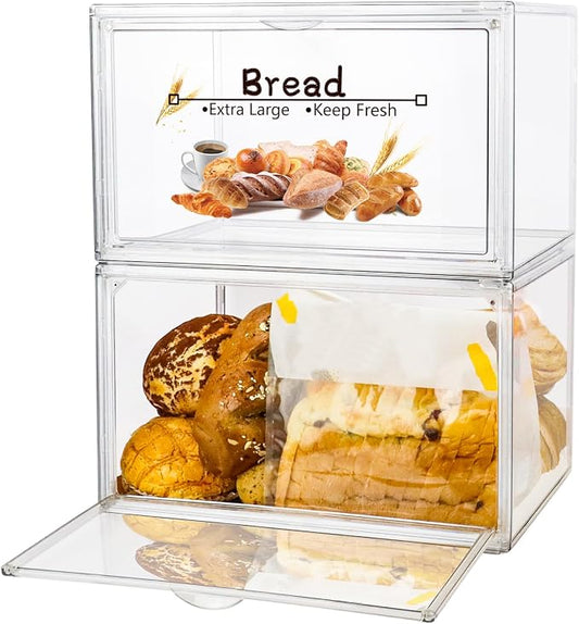 RISICULIS 2PCS Large Bread Box for Countertop, Stackable Double Layer Storage Container, Clear Boxes for Kitchen Counter, Bread Keeper for Homemade Bagel, Muffins, Rolls | Large Capacity Stackable Double Layer, Clear Boxes for Kitchen Counter, Bread Ke... by RISICULIS