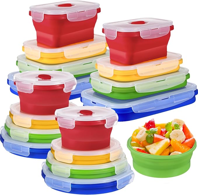 Yaomiao 16 Pack Collapsible Food Storage Containers with Lid Air Vent Foldable 8 Rectangle Storage Bowl and 8 Round Silicone Food Bow for Lunch Camping Rv Accessories Microwave Freezer(Bright Colors) by Yaomiao