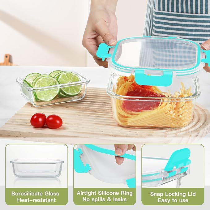 BAYZZ 24 Piece Glass Food Storage Containers with Lids, Airtight Glass Meal Prep Containers for Kitchen, BPA-Free Lunch Box, Microwave and Freezer Safe,Green - Image 2