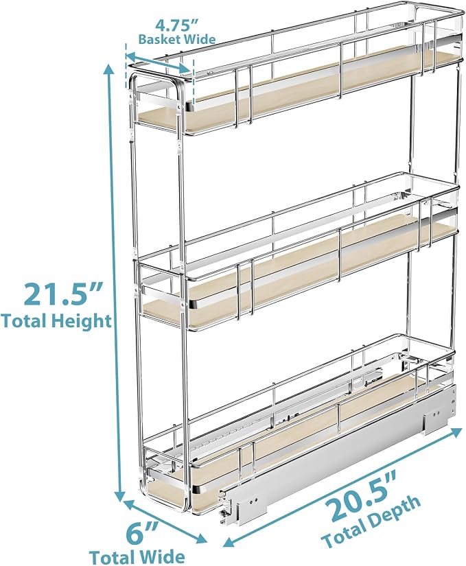 Pull Out Spice Rack Cabinet Organizer 6" W x 20½" D, 3 Tier Heavy Duty Slide Out Wood Shelf for Narrow Cabinet, Pull Out Storage for Kitchen - Image 3