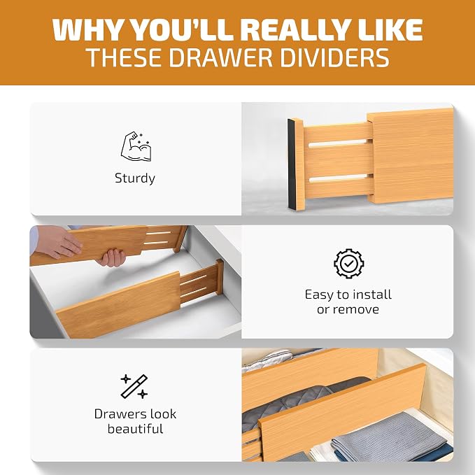6-Pack Deep Drawer Dividers 4-Inch High Dresser Drawer Organizer, Bamboo | Adjustable 11.5-17 Inch Spring-Loaded Separators for Clothes, Utensils, Socks, Bedroom, Bathroom, Kitchen, Office, No Tools - Image 6
