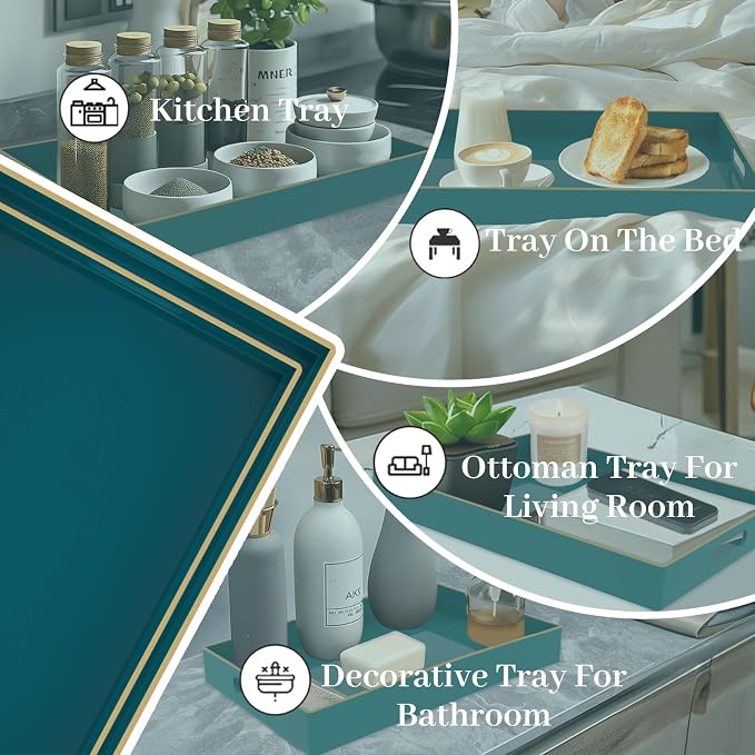 Green Serving Tray with Handles, Plastic Decorative Tray Set of 2 | Decorative Tray for Coffee Table, Modern Ottoman Tray, Rectangle Melamine Tray for Living Room, 15.8"L x 10.2"W x 1.4"H - Image 7