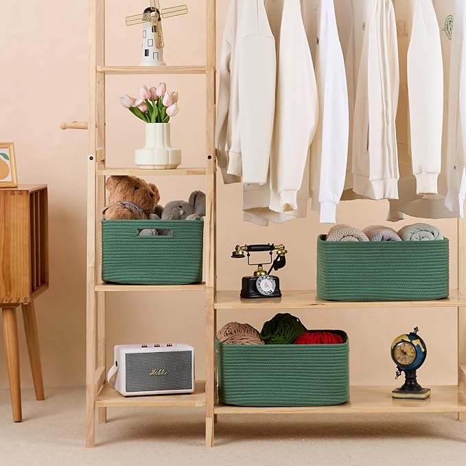 MiniArk Large Storage Baskets for Shelves, 17 x 13 x 7.5” Closet Organizers Bins for Clothes Blanket Towels, Baby Nursery, Toy Baskets Box, Woven Rope Baskets, 2 Packs Green - Image 3