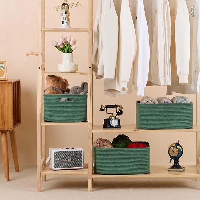 MiniArk Large Storage Baskets for Organizing, 17 x 13 x 7.5” Closet Shelf Baskets for Clothes Blanket Towels, Baby Nursery, Toy Bins Box, Woven Rope Baskets, 4 Packs Green - Image 3