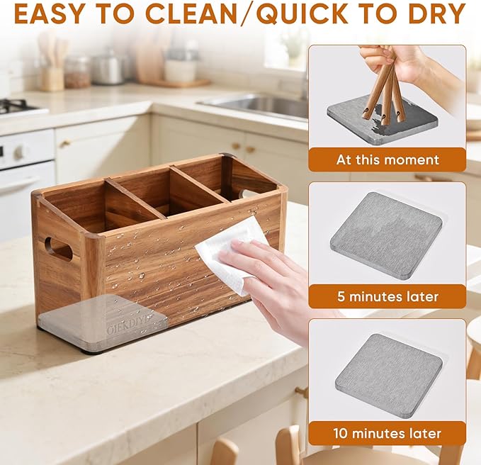 Wooden Cooking Utensil Holder & Crock for Kitchen Countertop | Fast-Absorbing Diatomaceous Mat, Removable Separator, Non-Slip Base & Side Handles, Large 3-Compartment Crock - Image 4