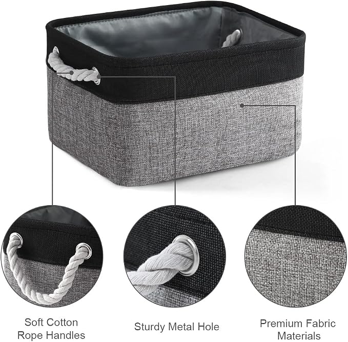 Storage Basket for Organizing - 14x10x7 inch Medium 3 Pack Collapsible Storage Bin for Shelves with Rope, Fabric Storage Cubes for Organizer Cloth Gift Toy Closet (Black & Grey) - Image 6