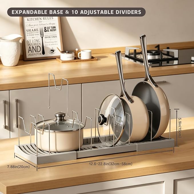 Magheo 2 Pack Pots and Pans Organizer Under Cabinet, Expandable 12.6"-22.8" Kitchen Cabinet Organizer Holder with 10 Adjustable Dividers for Food Storage Container Lid, Cookie Sheet, Cookware(Gray) - Image 2