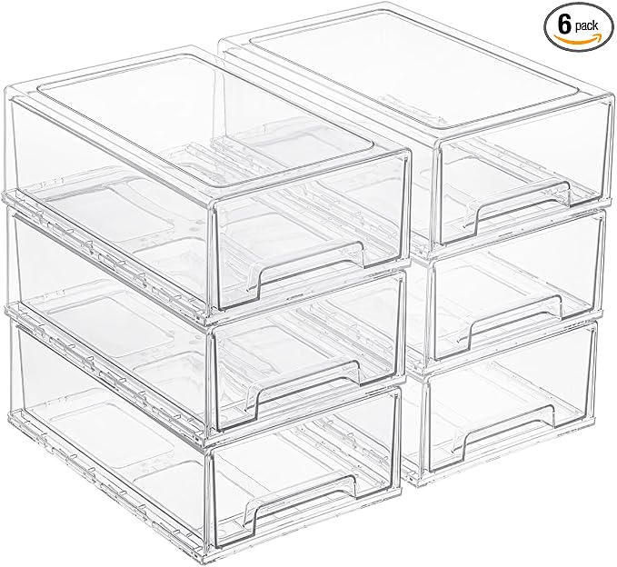 Clear Acrylic Stackable Storage Drawers, Plastic Refrigerator Organizer Bins with Handles for Undersink, Cabinet, Fridge, Closet, Pantry, Office, Bathroom, Kitchen(6 Pack) by PiJeyiee