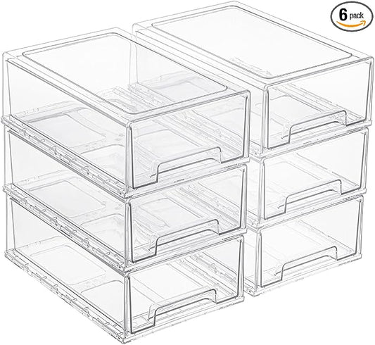 Clear Acrylic Stackable Storage Drawers, Plastic Refrigerator Organizer Bins with Handles for Undersink, Cabinet, Fridge, Closet, Pantry, Office, Bathroom, Kitchen(6 Pack) by PiJeyiee