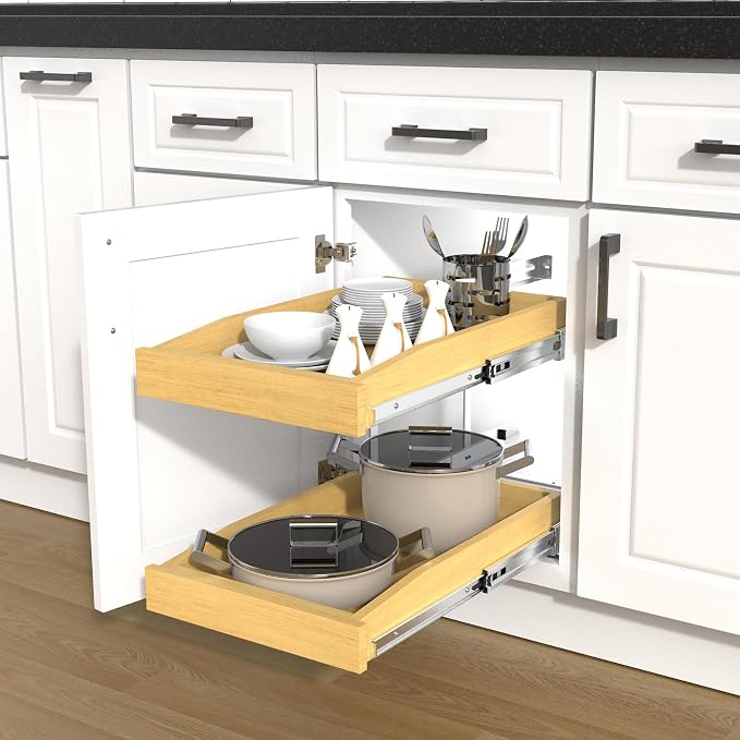 2 Tier Pull Out Cabinet Organizer, 23"W x 21"D Solid Wood Heavy-Duty Base Bottom Assembly Slide out Drawer Shel Cabinet Organization for Kitchen, Pantry, Bathroom - Image 9