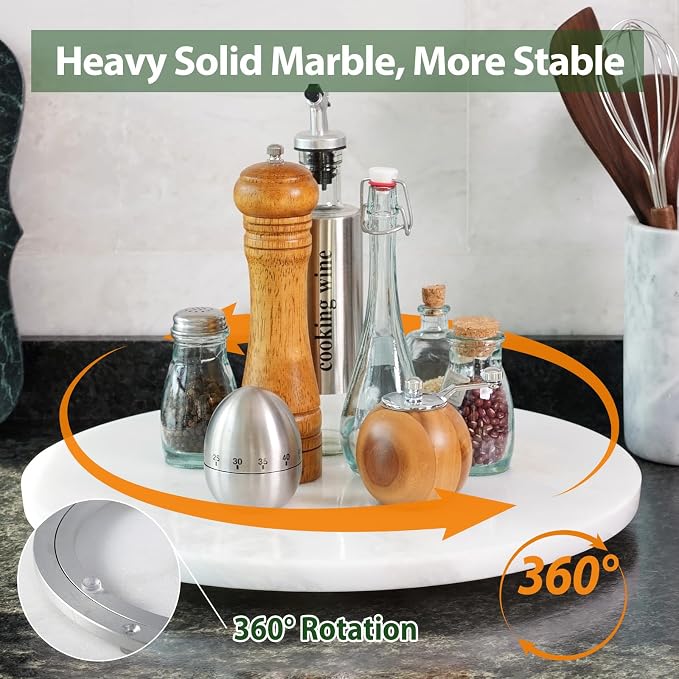 Marble Lazy Susan, 16 in Lazy Susan Turntable Organizer for Cabinet Pantry Kitchen Countertop Fridge Bathroom Makeup Vanity Countertop - White - Image 4