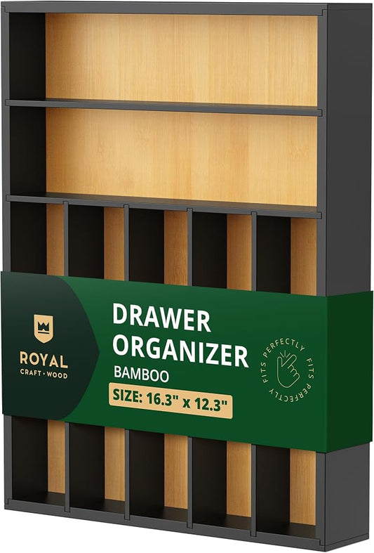 ROYAL CRAFT WOOD Luxury Bamboo Kitchen Drawer Organizer - Silverware Organizer - Utensil Holder and Cutlery Tray with Grooved Drawer Dividers for Flatware and Kitchen Utensils (7 Slot) by ROYALCRAFTWOOD