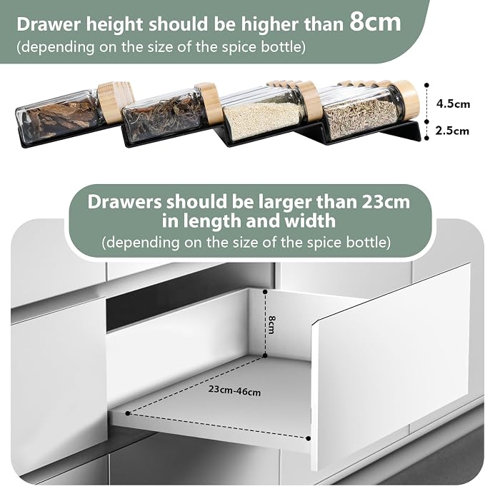 AiQInu Spice Rack Drawer 8 Pieces, Drawer Organiser System from 23 cm to 46 cm, Extendable Kitchen Shelf, Spice Stairs, Spice Insert Drawer, for Kitchen, Worktop, Cupboard, Shelf - Image 4