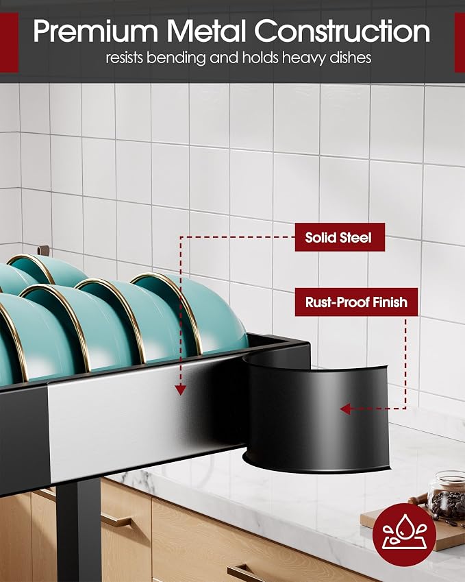 Sakugi 2-Tier Dish Drying Rack Over The Sink, Expandable for Counter | Rustproof Stainless Steel Kitchen Storage Accessories, Space-Saving 30"–34.5"Lx12"Wx25"H, Black - Image 5