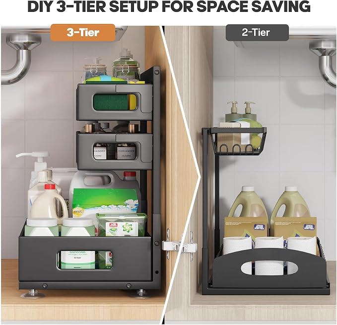 2 Pack 19IN-Depth Under Sink Organizer,Pull Out Cabinet Organizer With Smooth Cylindrical Rail,Metal Slide Out Drawer for Kitchen Bathroom Laundry,8-Level Tool Free Height Adjustable-Black - Image 4
