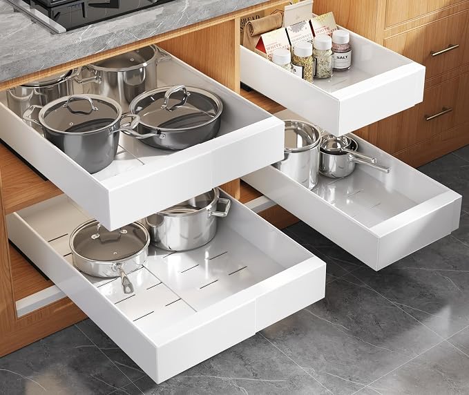 Seinloes 4 Pack Expandable Pull Out Cabinet Organizer 21" Deep With Raising Pad for Framed Cabinets,Upgrade 3 Slide Rails Slide Out Drawers,No Drill Roll Out Shelves,Adjustable Width 9"-14" White by Seinloes