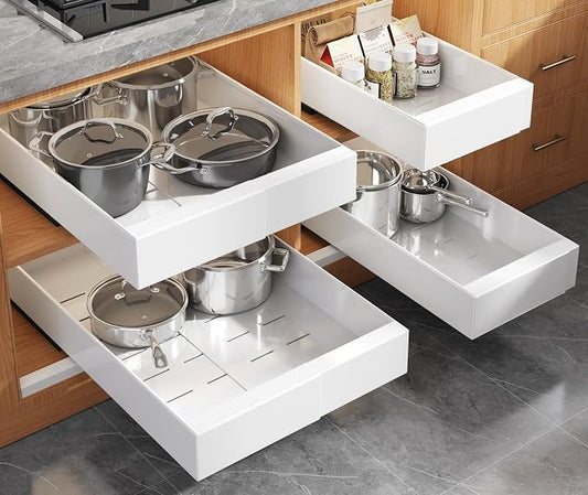 Seinloes 4 Pack Expandable Pull Out Cabinet Organizer 21" Deep With Raising Pad for Framed Cabinets,Upgrade 3 Slide Rails Slide Out Drawers,No Drill Roll Out Shelves,Adjustable Width 9"-14" White by Seinloes