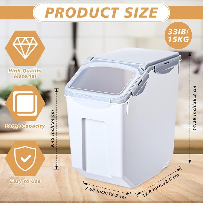 4 Pack Rice Storage Container With Wheels Plastic Airtight Lid Flour Container Bin for Dog Pet Cereal Grain Dry Food, 15 Liter / 30 lbs (Gray) - Image 2
