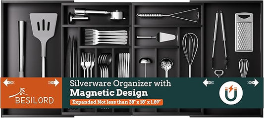 Silverware Organizer Large, Magnetic Connected Expandable 13 Slots Silverware Drawer Organizer From 21 to 37.4 Inches, Adjustable Flatware and Cutlery Holder, Bamboo Utensil Tray for Kitchen Black by Besilord