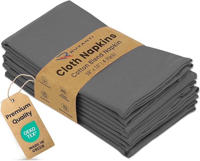 Ruvanti Cloth Napkins Set of 4, 18x18 Inches Napkins Cloth Washable, Soft, Durable, Absorbent, Cotton Blend. Table Dinner Napkins Cloth for Hotel, Lunch, Restaurant, Wedding Parties - Charcoal Grey by Ruvanti