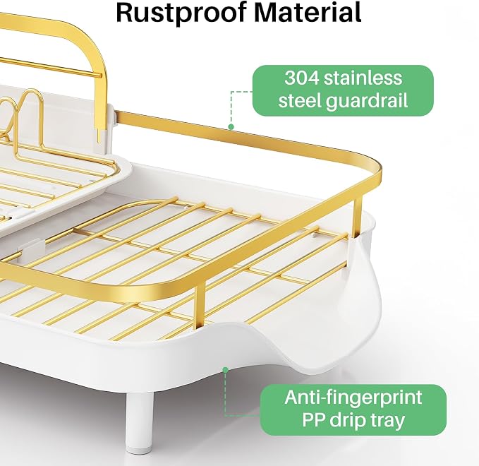SAYZH Expandable Dish Drying Rack for Small Kitchen Counter, Gold | Stainless Steel, Protective Guardrail, Angled Drainboard, Fits High-Rim Sinks, Removable Utensil Holder - Image 6
