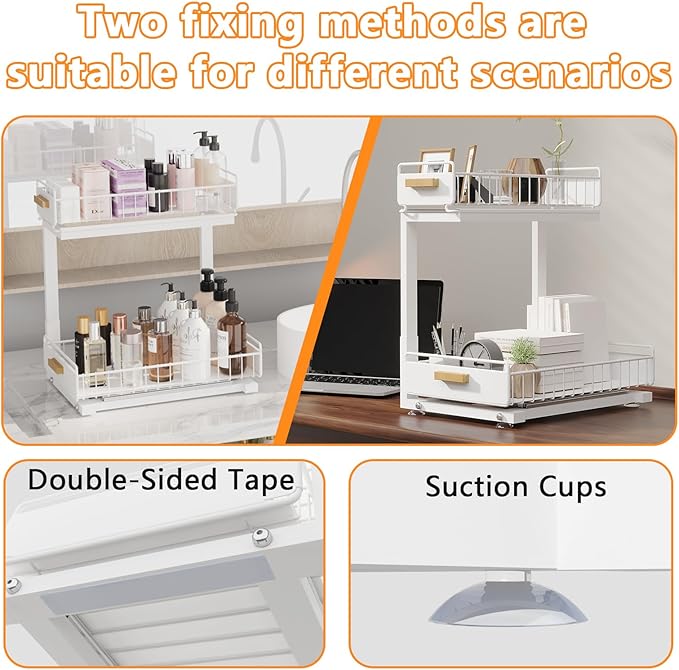2 Pack Under Sink Organizer with Ball Bearing Sliding Drawer, Heavy Duty Pull Out Cabinet Organizer, 2 Tier Adjustable Storage Rack for Kitchen Bathroom, Space Saving Design, White - Image 6