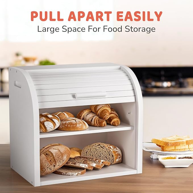 G.a HOMEFAVOR 2-Tier Bamboo Bread Box for Kitchen Counter, White | Large Roll Top Bread Storage Container, Bread Holder Food Bin for Countertop, Self-Assembly - Image 3