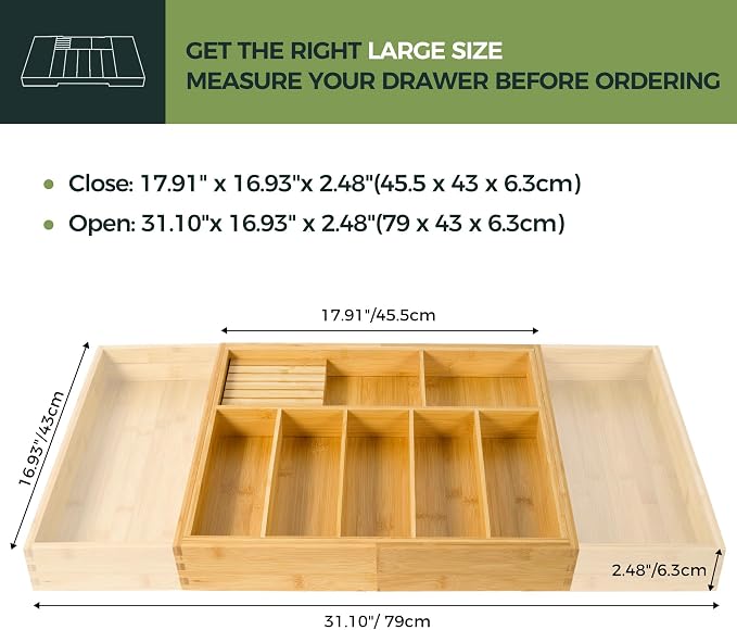 VaeFae Extra Large Kitchen Utensil Holder, Bamboo Silverware Drawer Organizer, Expandable Cutlery Organizer with Knife Block, Multifunctional Drawer Divider - Image 2