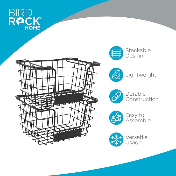 BirdRock Home Stacking Wire Market Baskets with Chalk Label | Set of 2 | Fruit Vegetable Produce Metal Storage Bin for Kitchen Counter | Black - Image 4