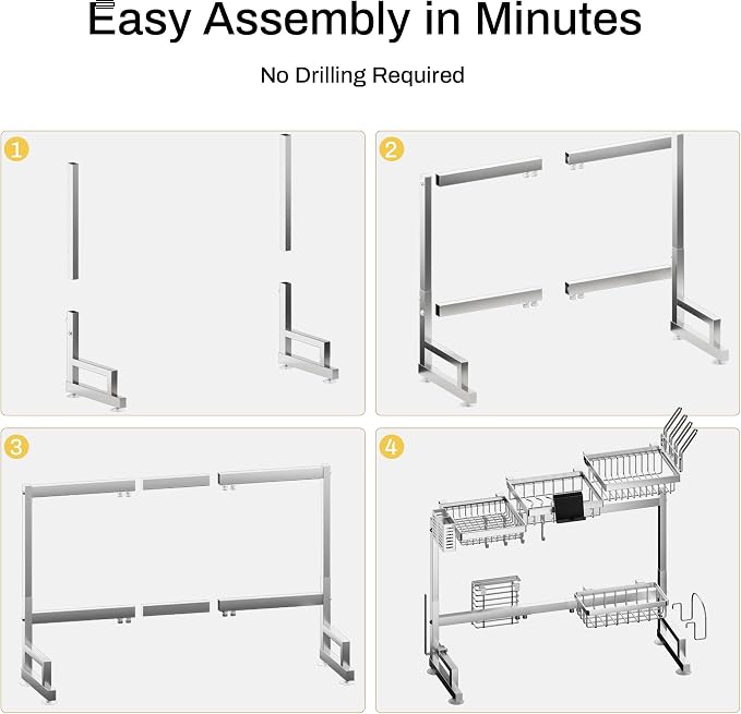 ADBIU Luxurious 304 Stainless Steel Over Sink Dish Drying Rack (Suitable for Sink Length 24.6"- 36.2") Snap-On Design 2 Tier Large Kitchen Dish Rack Stainless Steel Counter Organization and Storage - Image 3